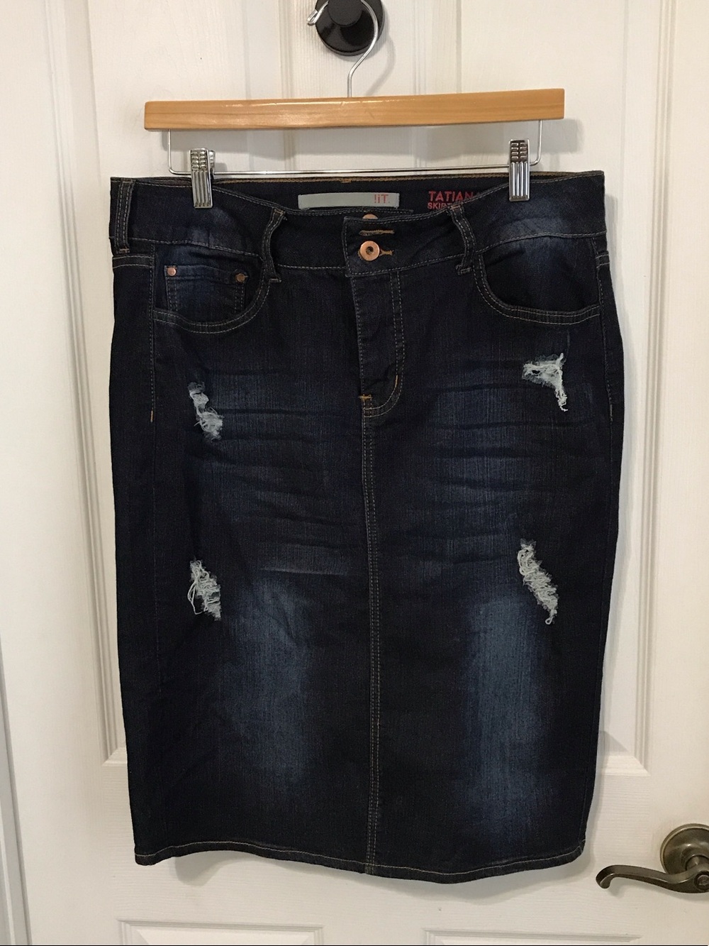 Dark Blue Distressed Denim Skirt